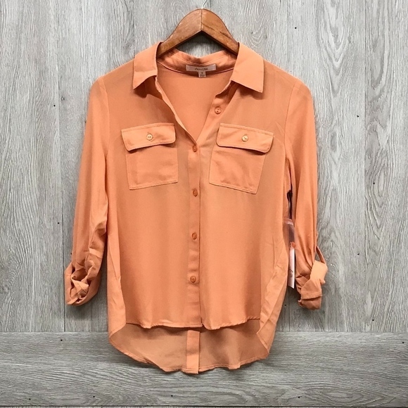 Semi Sheer Peach Double Pocket Polyester Top BB984 - Picture 1 of 6